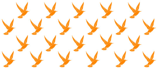 Pattern with orange silhouette of birds flight in the white background