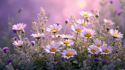Serene Spring Meadow, Delicate Daisy Bouquet in Violet Hues - Tranquil Floral Photography