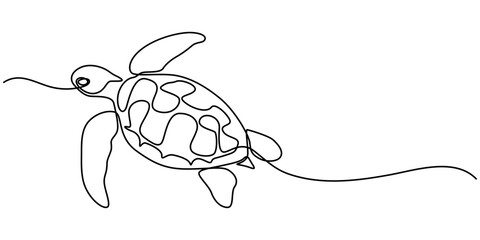 Continuous one line drawing of turtle. Simple illustration of tortoise line art vector illustration, Continuous one line hand drawn of a Leatherback turtle swimming in the Turquoise color sea water. 