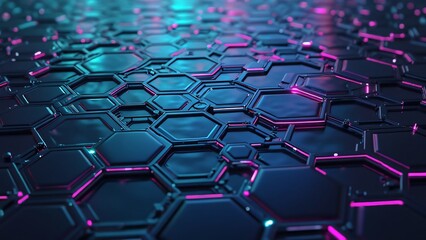 Obraz premium Abstract Futuristic Hexagon Grid, Neon Pink and Blue Technology Background
