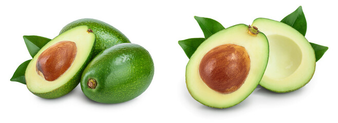 avocado and half with leaves isolated on white background close-up