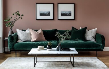 Stylish living room interior with emerald green velvet sofa, marble coffee table, and blush pink walls.