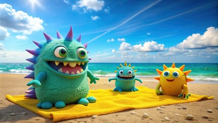 Three Cheerful Cartoon Monsters Enjoying
