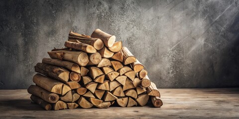 A neatly stacked pile of seasoned firewood rests on a rustic wooden surface against a textured wall.