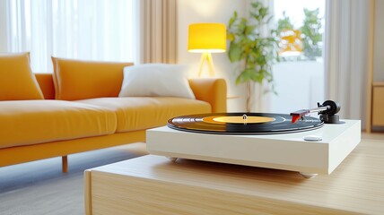 Cozy minimalist living room with vinyl player, minimalist living room with cozy winter view, cozy living room with vinyl player and snowy window ,Cozy Minimalist Living Room Decor