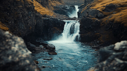Breathtaking waterfall cascading through rugged terrain in a remote location