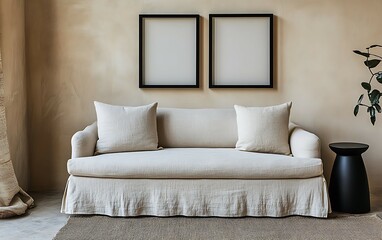 Beige linen sofa with pillows, two frames, plant, and side table in minimalist room.