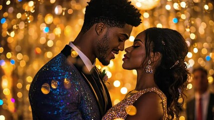 Romantic couple embracing at glamorous evening celebration with golden lights