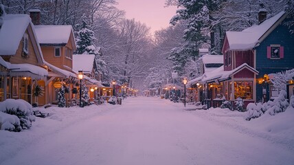 Snowy Winter Scene in a Small Town at Dusk