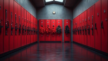 Modern Red Locker Room with Rows of Lockers