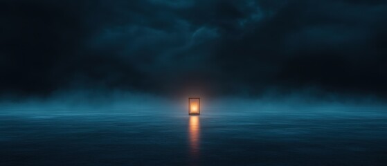A small lighted lantern is sitting in the middle of a dark body of water