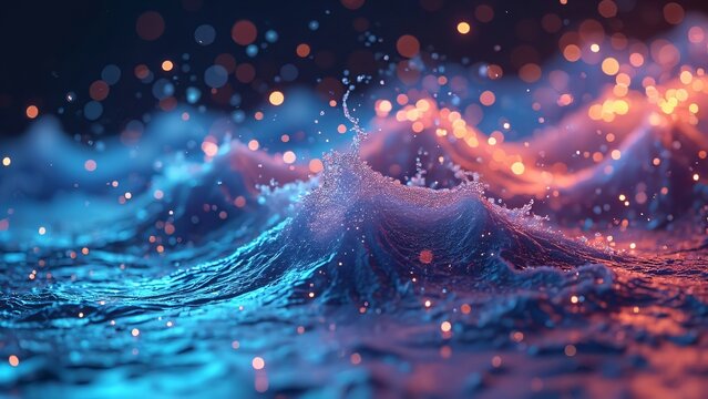 Abstract Blue and Orange Liquid Wave with Glowing Particles, AI-Generated Artistic Background - Powered by Adobe