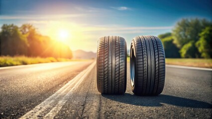 Two New Car Tires on Asphalt Road at Sunset