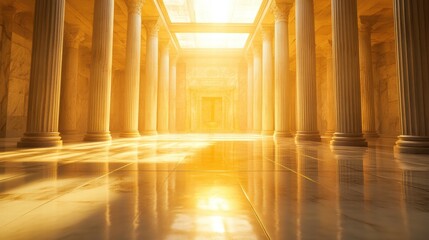 Heavenly gathering of divine council classical temple floating scrolls ethereal light celestial insights