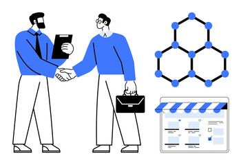 Business partners shaking hands, one holding a clipboard, the other a briefcase. Network diagram symbolizes connection, online store interface signifies e-commerce. Ideal for business, networking