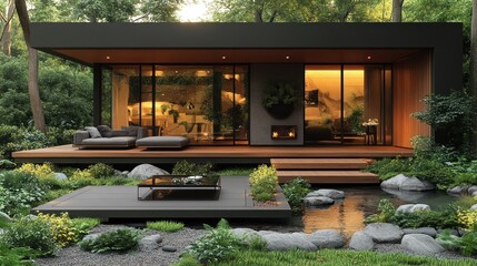 Obraz premium Modern house nestled in nature with a serene garden and water feature.