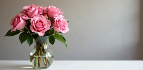 A bouquet of fresh pink roses in a elegant vase , arrangement, romance, bouquet