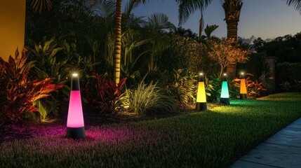 Fototapeta premium Illuminating Outdoor Oasis: Colorful LED Pathway Lights Enhancing a Lush Garden at Night