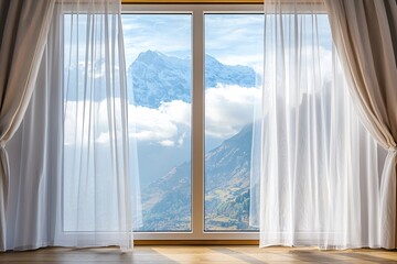 Fototapeta premium Mountain View Through Sheer Curtains in a Cozy Room