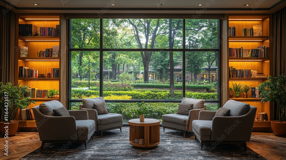 Leinwandbilder a well-designed reading area features soft gray chairs arranged around a small wooden table. large w