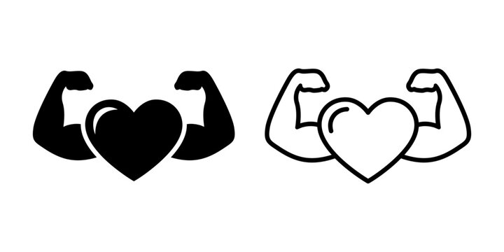 Strong health icon. Strong heart line and flat design. Heart with muscle arms vector icon.