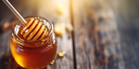 Honey in a Glass Jar with Dipper on Wooden Table