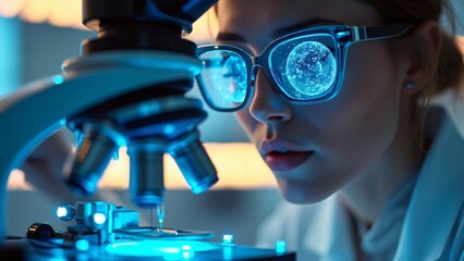 Focused Scientist Woman Using Advanced Microscope, Futuristic Technology, Global Network, Science Research, Lab, AI Generated Image