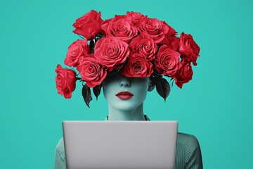 Woman with Roses Concealing Face Laptop Teal Background Modern Art Beauty Floral Technology