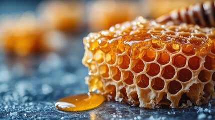 Close-up of honeycomb with dripping honey.