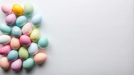 Obraz premium Pastel Easter Eggs on White Wooden Background with Copy Space