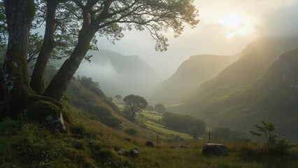 Misty Mountain Valley Sunrise, Serene Landscape Photography