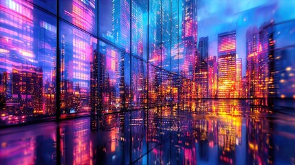 Fototapeta premium A vibrant cityscape at dusk, seen from inside a modern glass structure that reflects the colorful skyline. The scene showcases tall skyscrapers adorned with bright neon lights in shades of blue, purpl