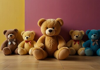 A lonely teddy bear sits against a bright yellow wall, surrounded by other colorful teddy bears, symbolizing childhood comfort and struggles with autism awareness.