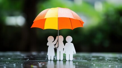 Protective family under colorful umbrella outdoor setting paper cutout art nature vibe