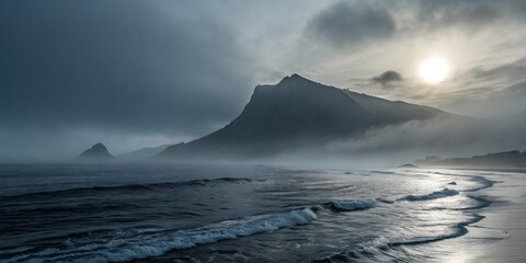 Serene Coastal Dawn with Misty Mountains and Soft Sunrise Glow V8