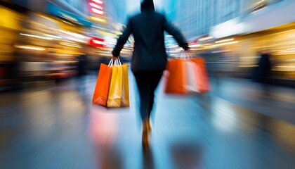 Naklejka premium A blurred image of a person walking with shopping bags in a bustling city, conveying a sense of urgency and urban lifestyle.