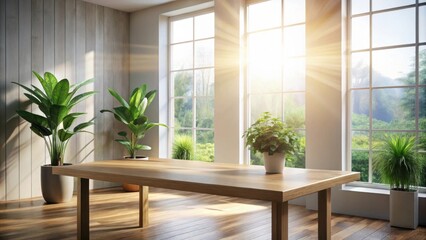 Sunlit Room with Wooden Table and Lush Greenery