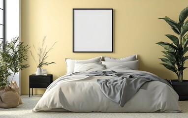 Minimalist bedroom interior with large bed, plants, and blank frame mockup.