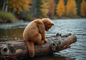 Lonely brown teddy bear hugs fluffy stuffed toy bunny sitting on fallen birch tree trunk near tranquil river on autumn day backside view