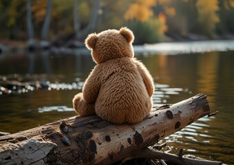 Lonely brown teddy bear hugs fluffy stuffed toy bunny sitting on fallen birch tree trunk near tranquil river on autumn day backside view
