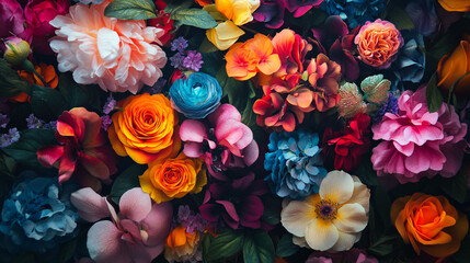 Fototapeta premium Colorful arrangement of artificial flowers captures vibrant beauty and elegance