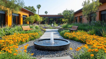 A peaceful courtyard showcases a central fountain surrounded by lush greenery and vibrant flowers. Benches invite relaxation under a clear blue sky, creating an ideal retreat.