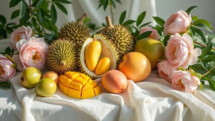 Exotic Fruit Still Life, Durian, Mango, and Pink Roses on White Fabric