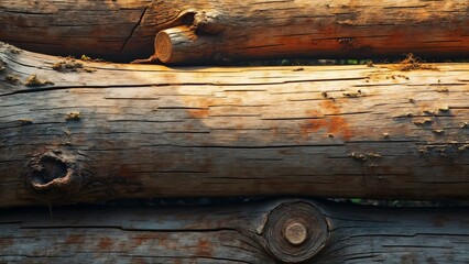 Obraz premium Serene Weathered Logs, Golden Brown Wood Texture Background - Aged Oak and Cedar Grain, Moss, Lichen