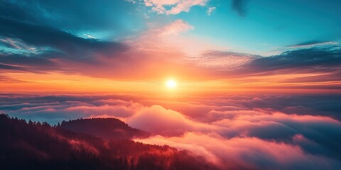 Fototapeta premium Sunset Over Forest and Clouds with Vibrant Colors