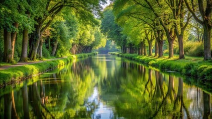 Fototapeta premium Serene Canal Pathway Lined with Lush Green Trees Reflecting in Still Water