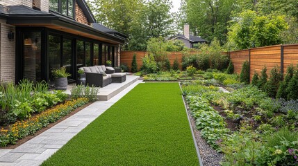 Lush garden and cozy house in an urban neighborhood with vibrant flowers during a cloudy day