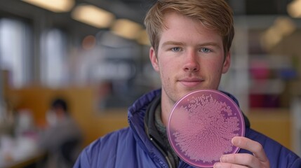 Male scientist analyzing microorganisms in a laboratory using a petri dish of bacterial cultures