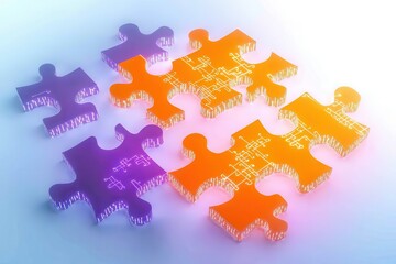 Large orange and purple puzzle pieces being carefully assembled