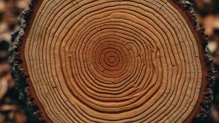 Fototapeta premium Detailed Close-up of Tree Rings, Natural Wood Texture, Circular Pattern, Brown Wood Grain, Cross Section of Tree Trunk, Aged Timber Background